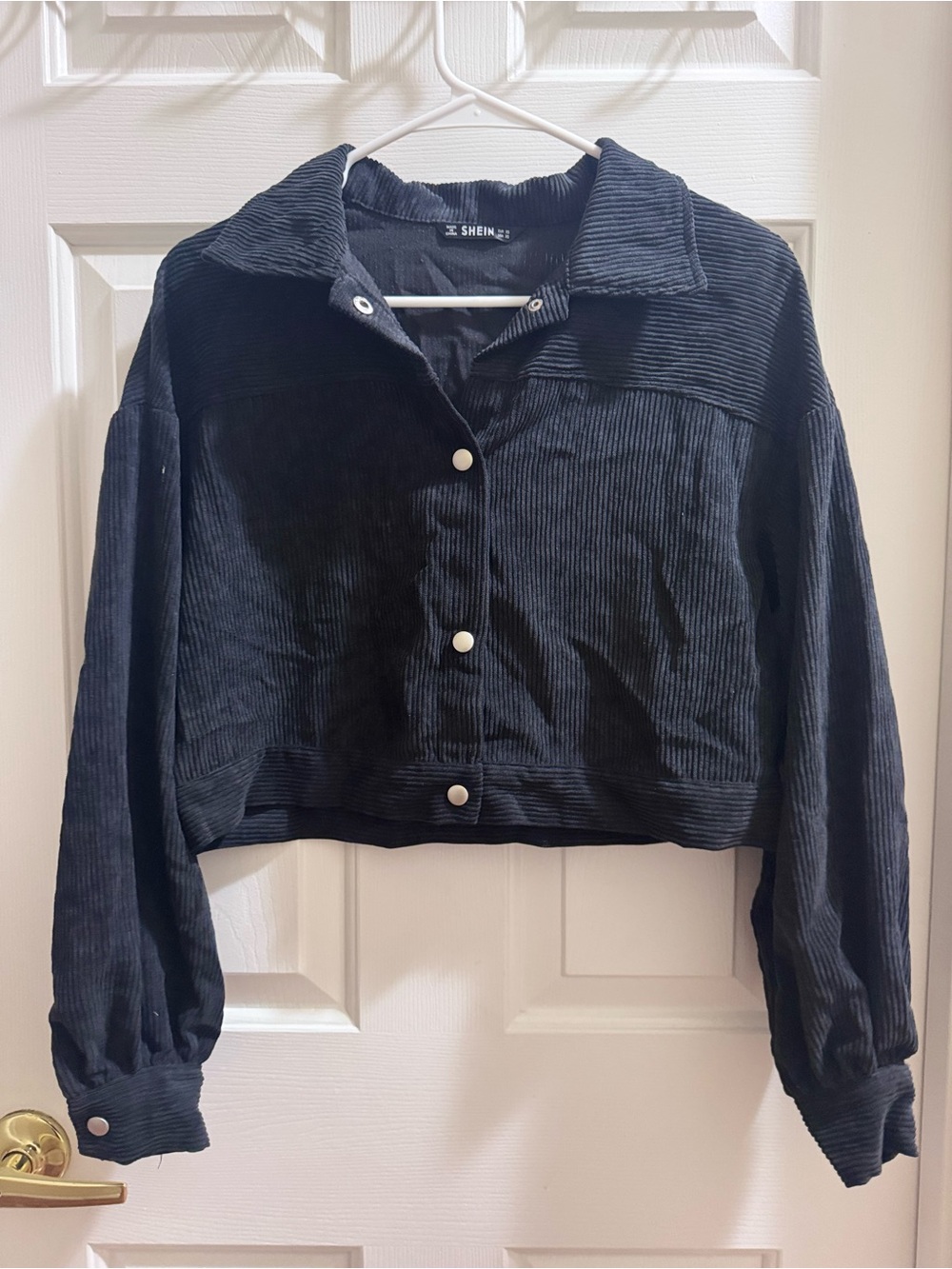 SHEIN Black Cropped Corduroy Snap-Front Jacket